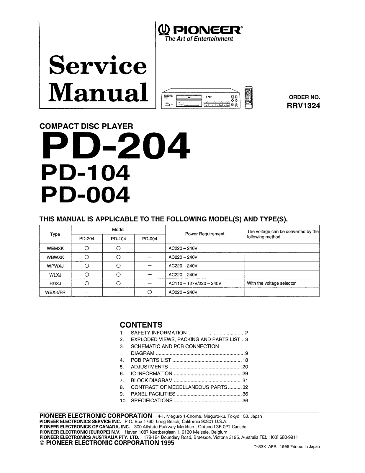 Pioneer PD-204, PD-104 Service manual