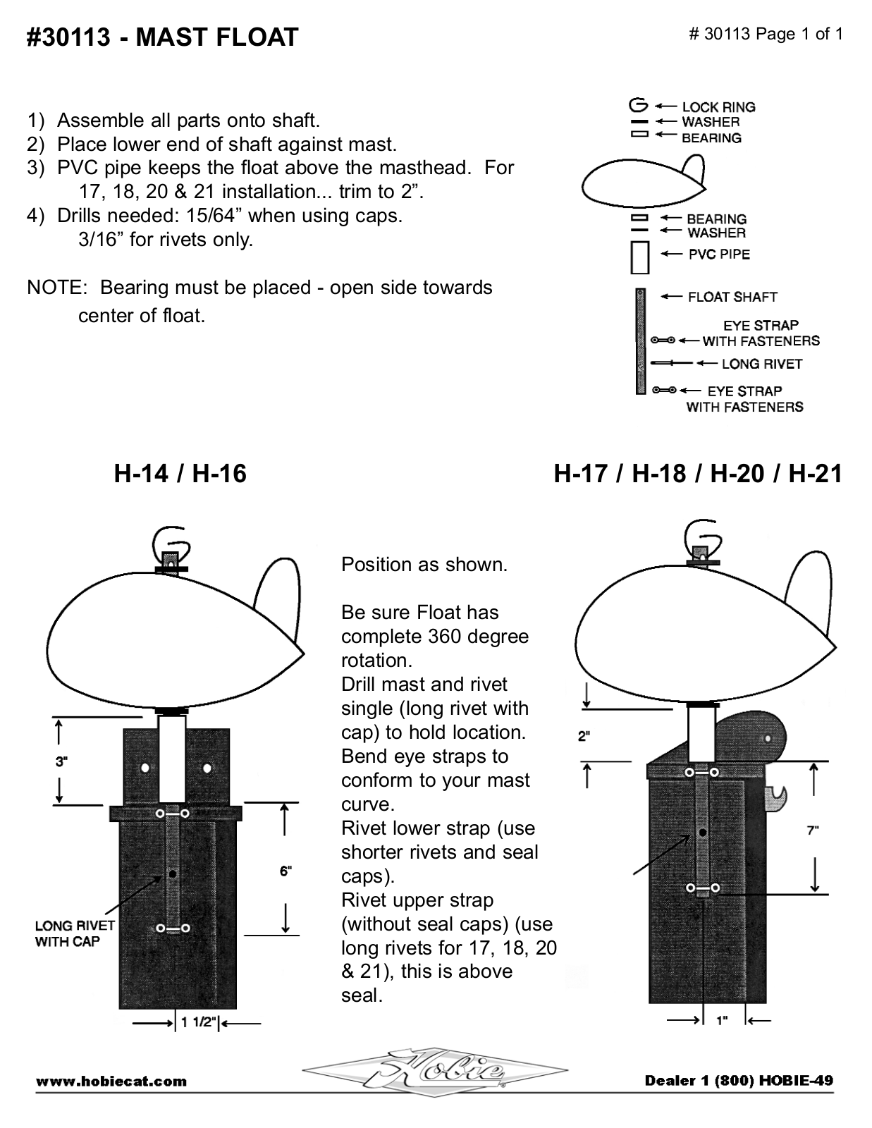 Hobie MAST FLOAT, 30113 User Manual