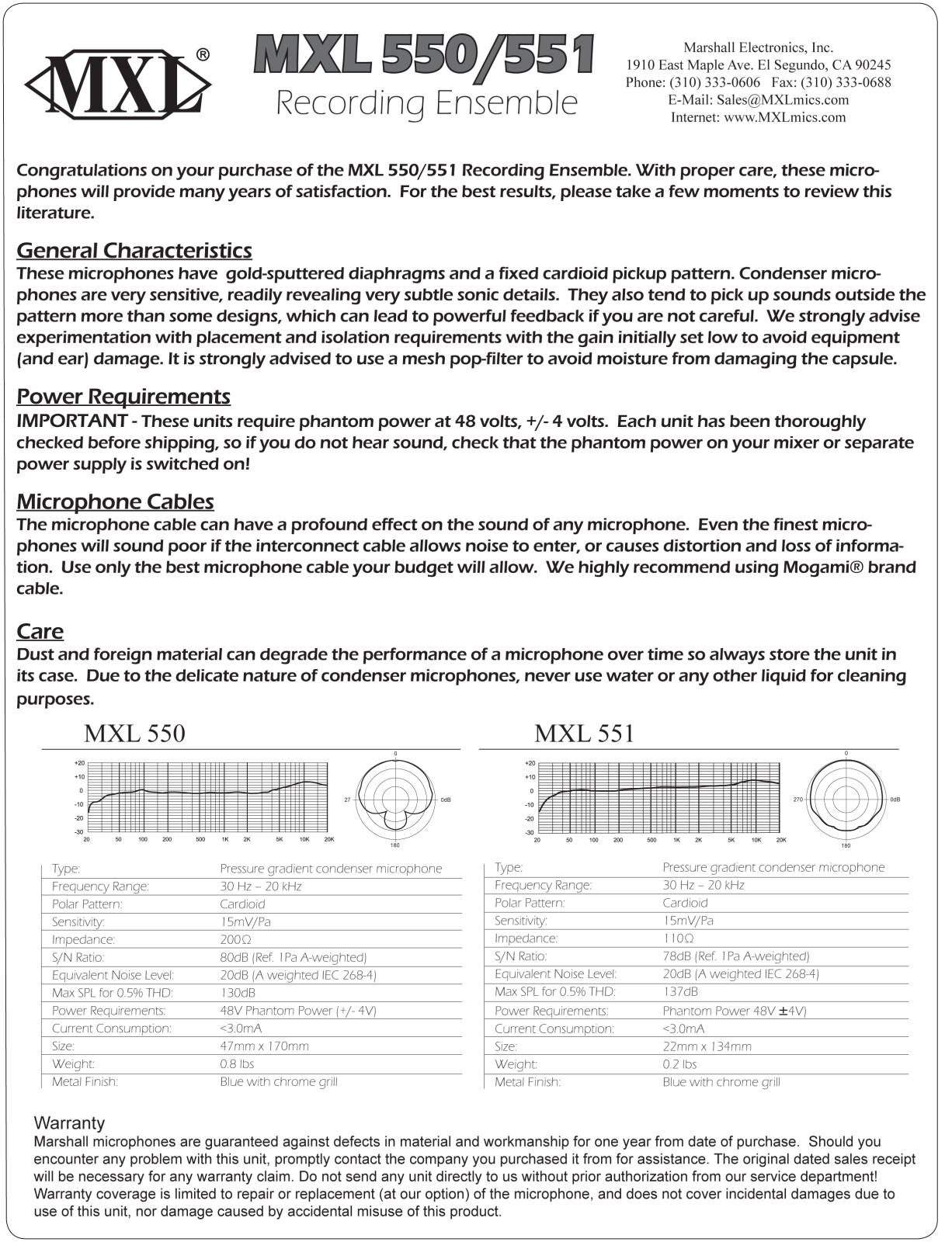 MXL 550, 551 User Manual