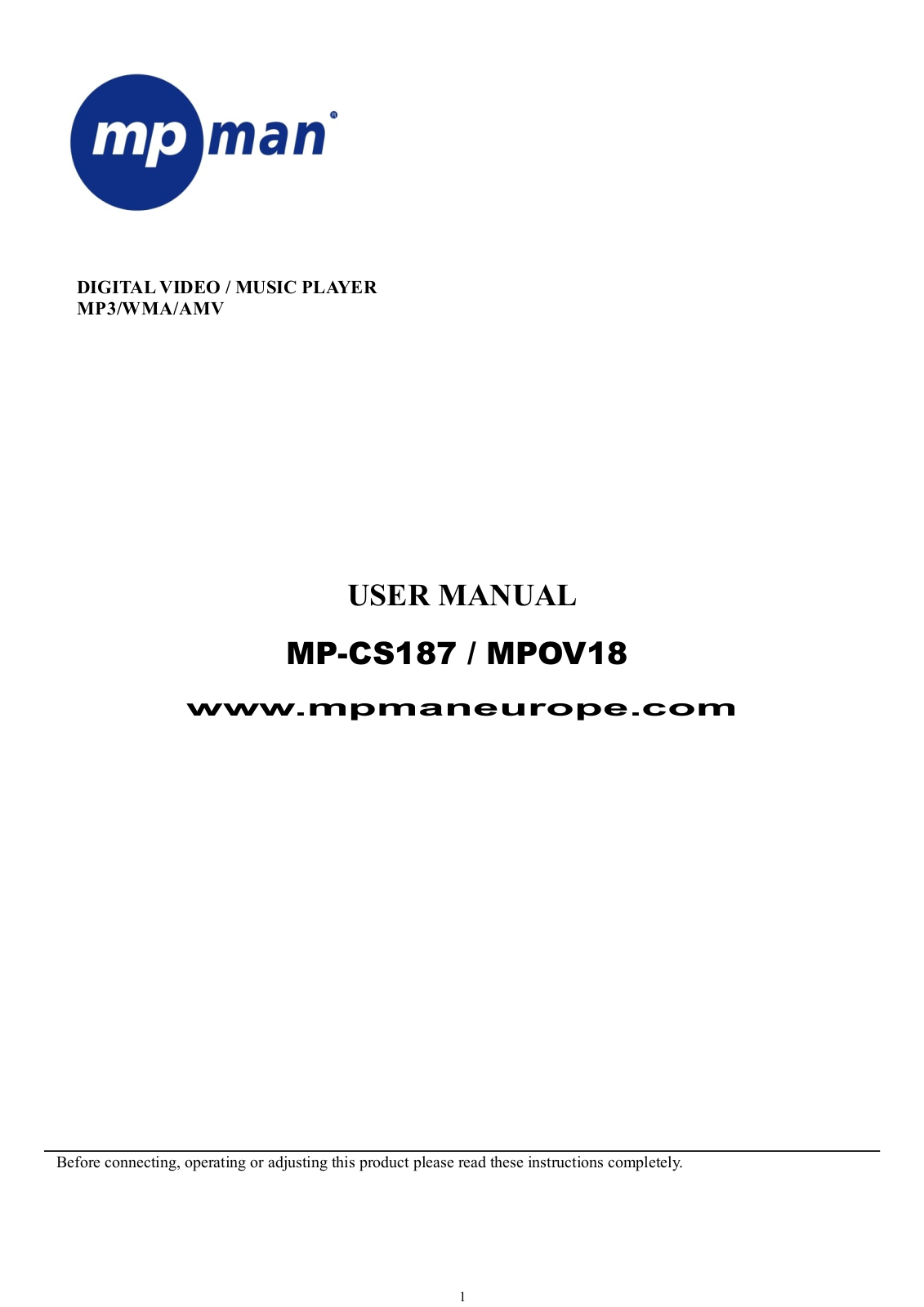 Mpman OV18, MP-CS187, MPOV18 INSTRUCTION MANUAL