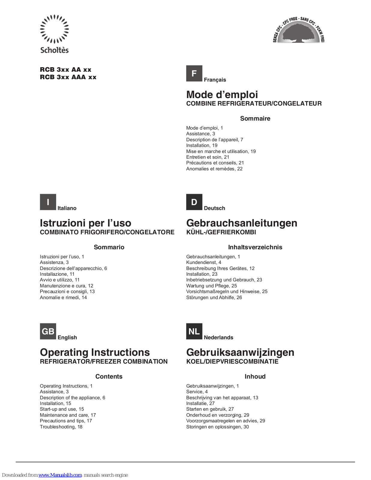 SCHOLTES RCB 3xx AA xx,RCB 3xx AAA xx,RCB 3xx AA xx Operating Instructions Manual