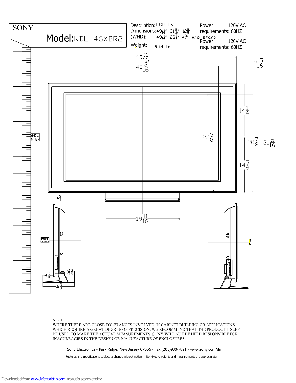 Sony BRAVIA KDL-46XBR2 Dimensions