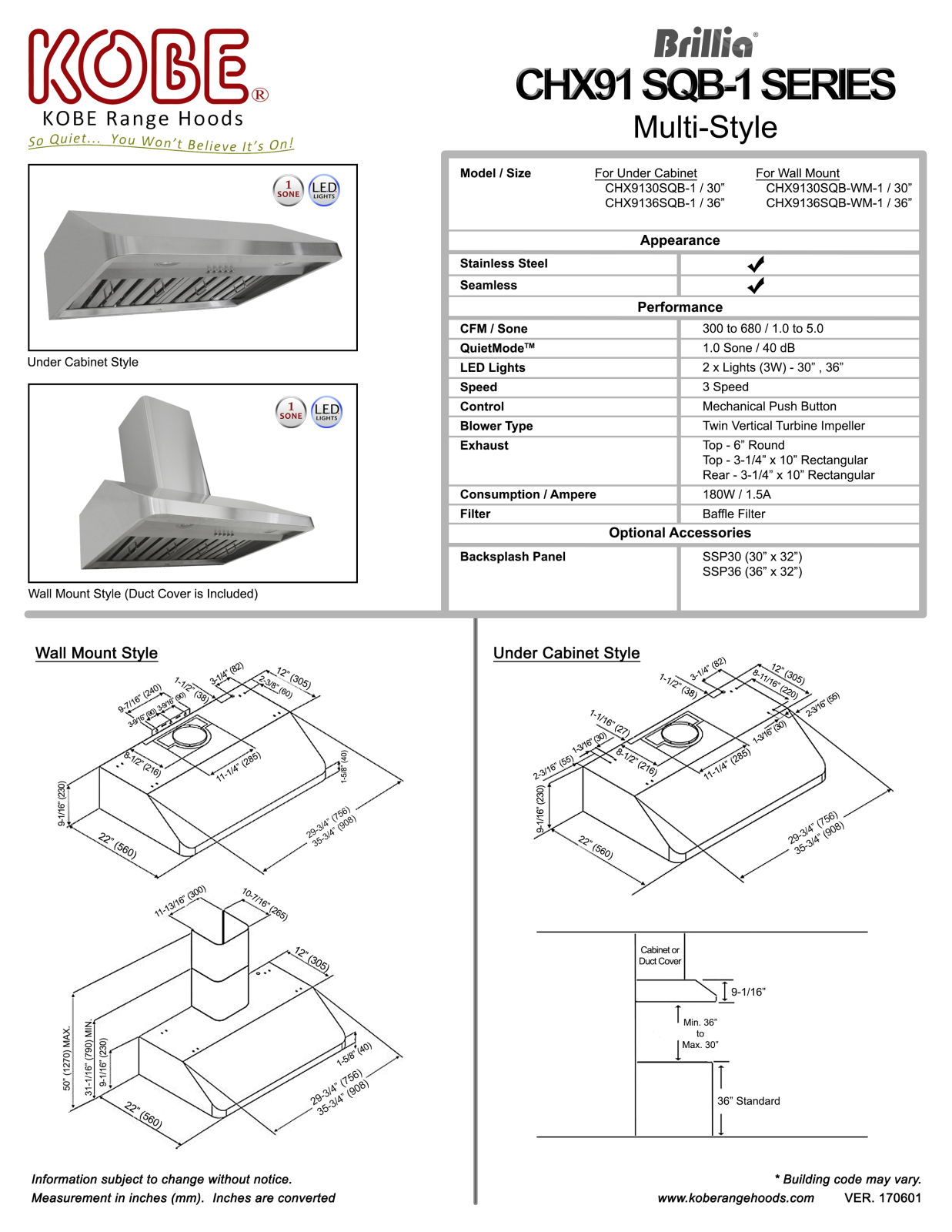 Kobe CHX9136SQB1 Specifications