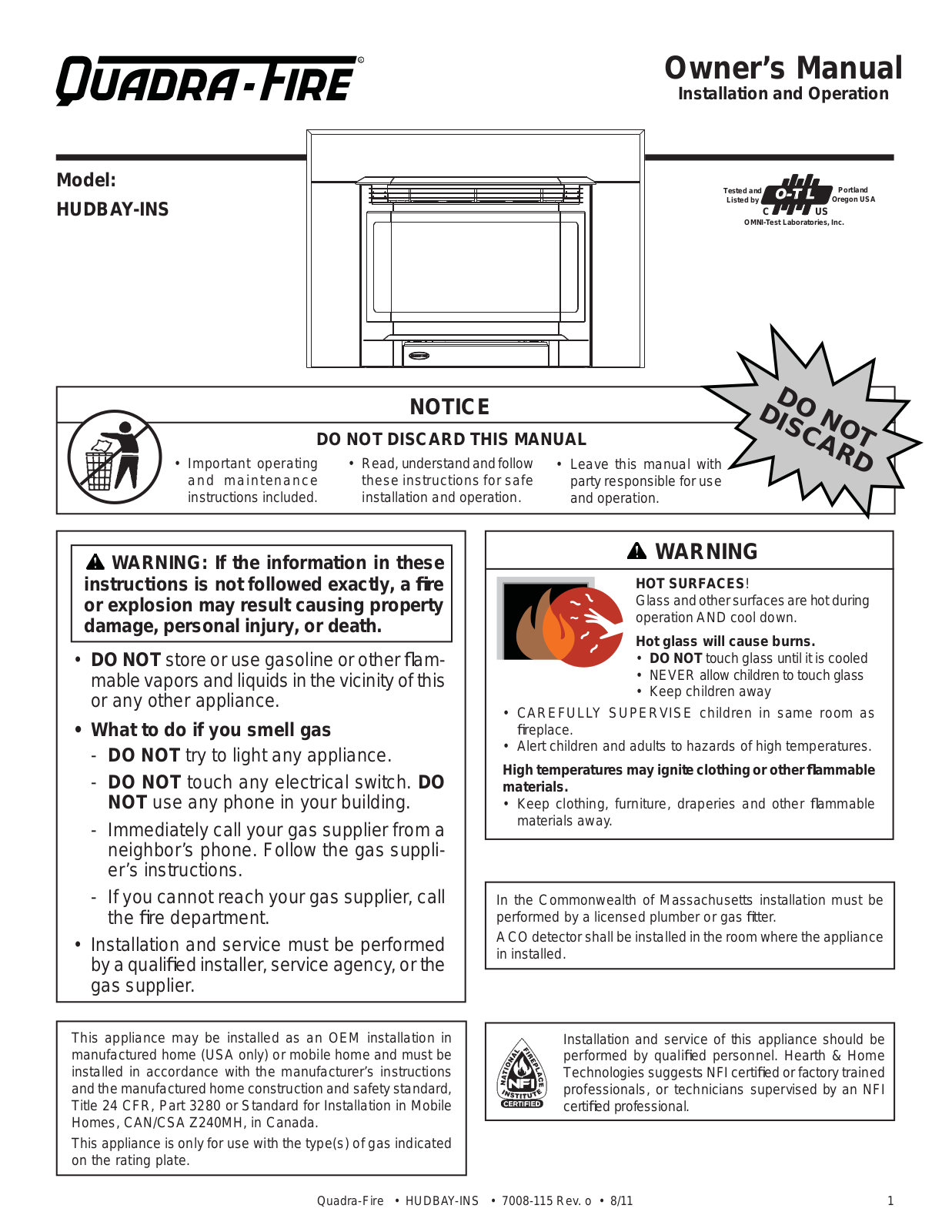 Quadra-Fire HUDBAY-INS User Manual