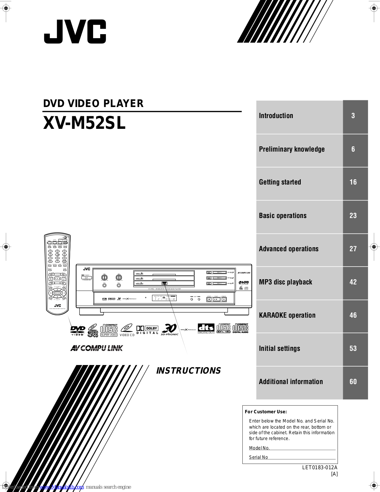 JVC XV-M52SLUW, XV-M52SLB, XV-M52SLEN, XV-M52SLUN, XV-M52SLUS Instructions Manual