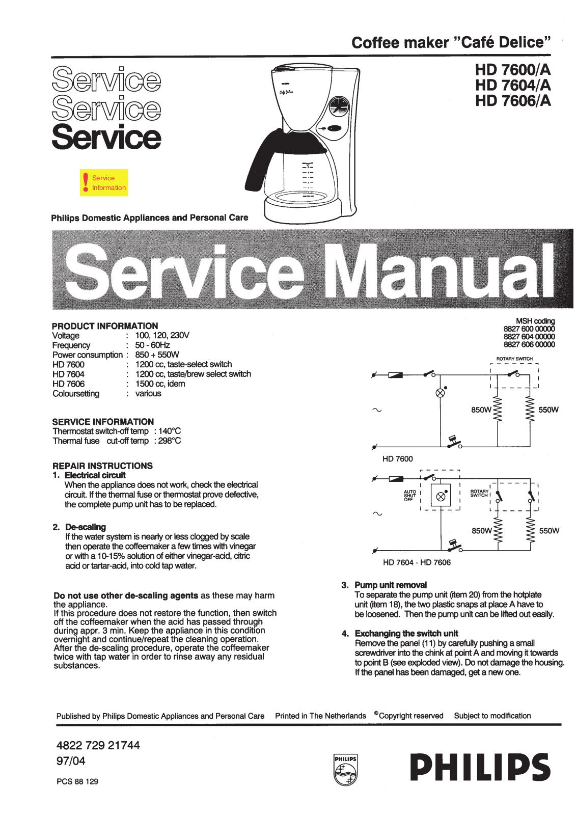 Philips HD 7606-A, HD 7604-A, HD 7600-A Service Manual
