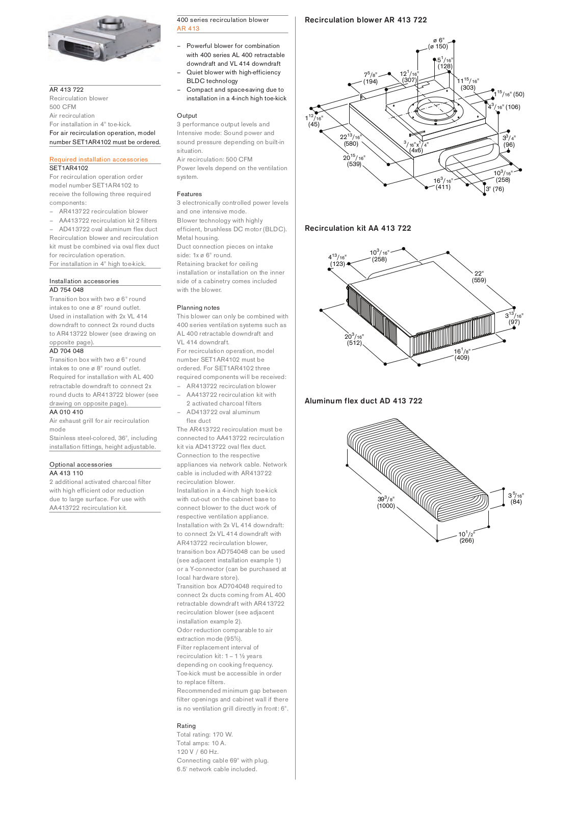 Gaggenau AR413722 PRODUCT SPECIFICATIONS