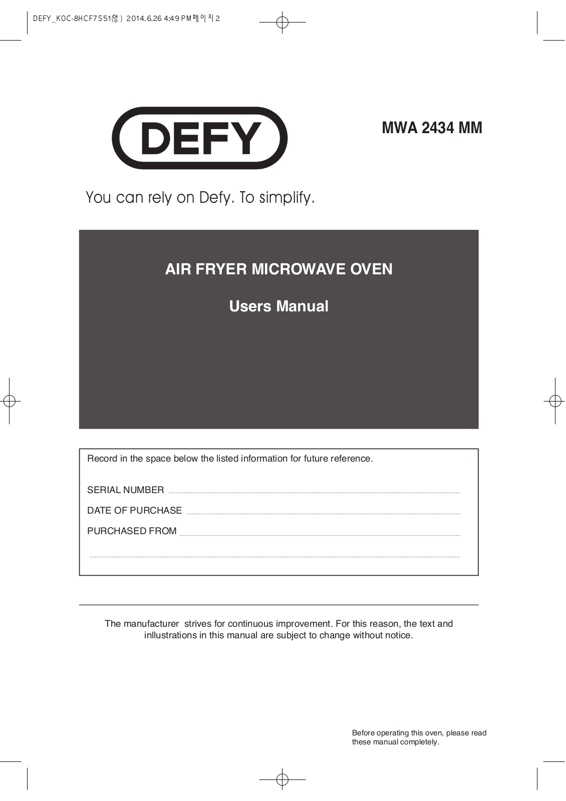 Defy MWA 2434 MM User Manual