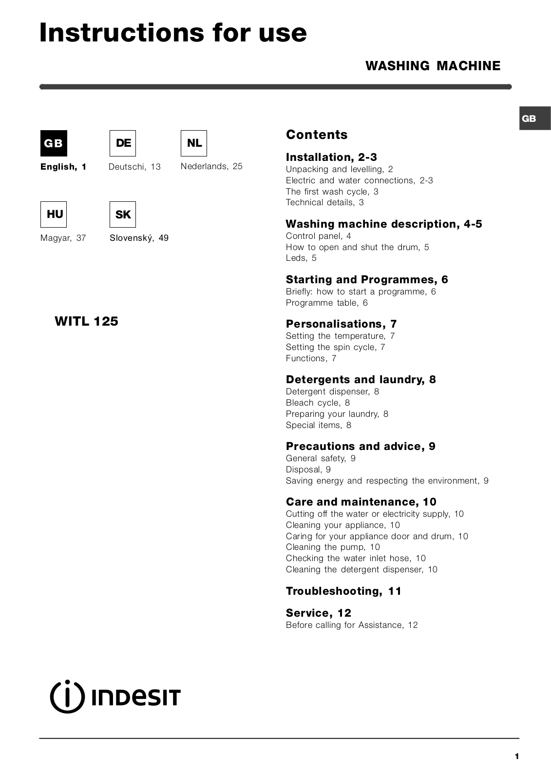 Indesit WITL 145 Operating Instructions