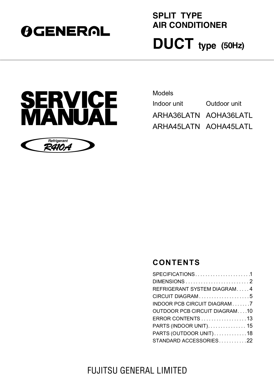 General ARHA36L, ARHA36LATN, AOHA36LATL, ARHA45L, ARHA45LATN Service Manual
