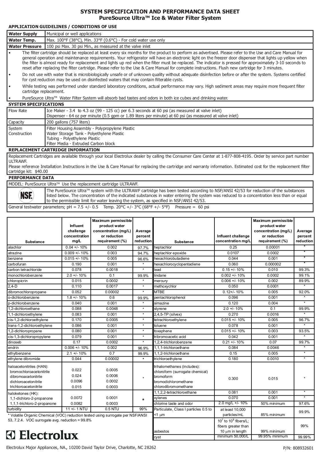 Frigidaire ULTRAWF2PAK Data Sheet