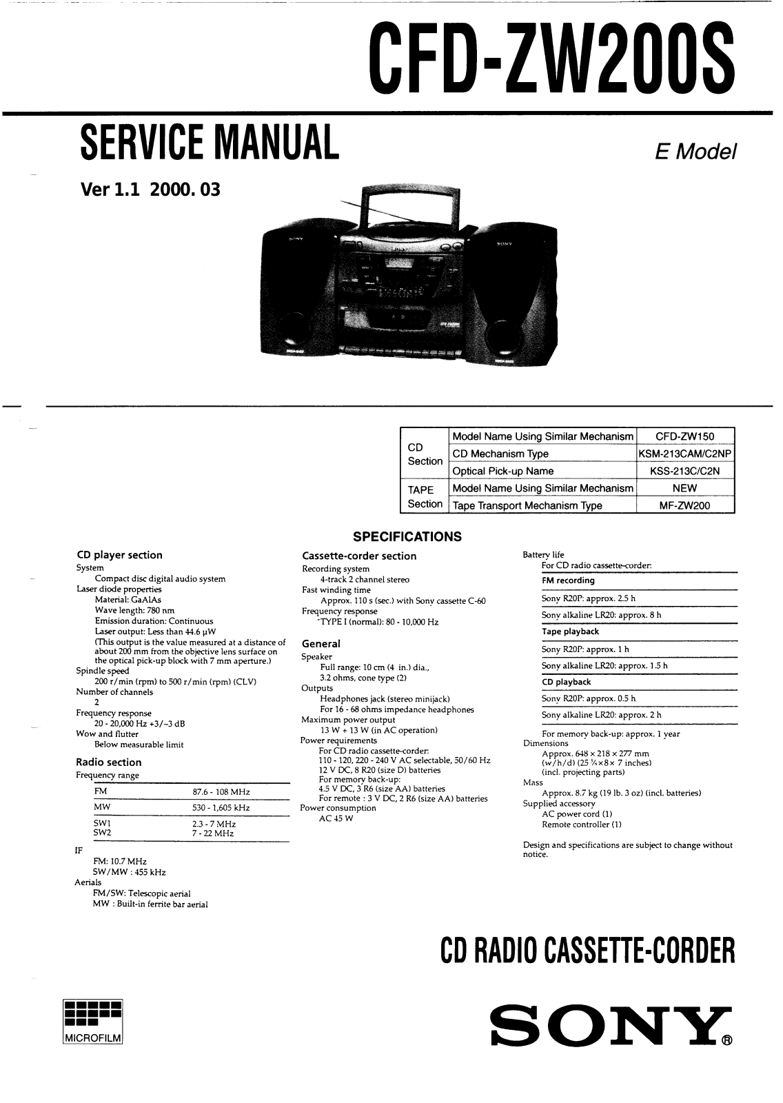 Sony CFD-ZW200S Service manual