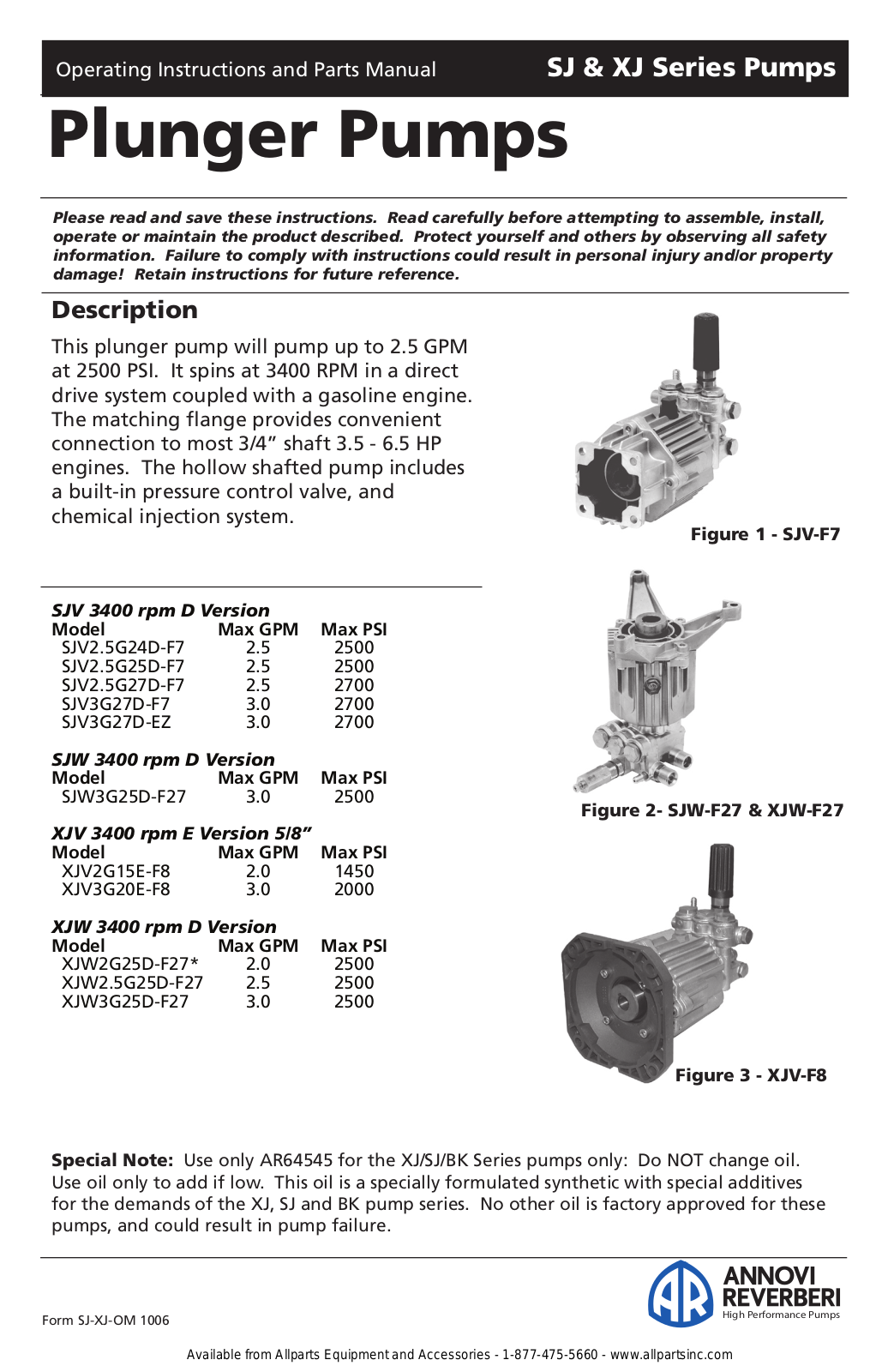 Annovi Reverberi SJV3G27D-F7, SJV3G27D-EZ, SJW3G25D-F27, XJV2G15E-F8, XJW2G25D-F27 Operating Instructions And Parts Manual