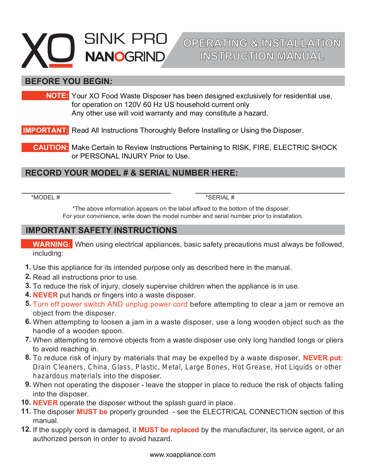 XO XOD12HPBF User Manual