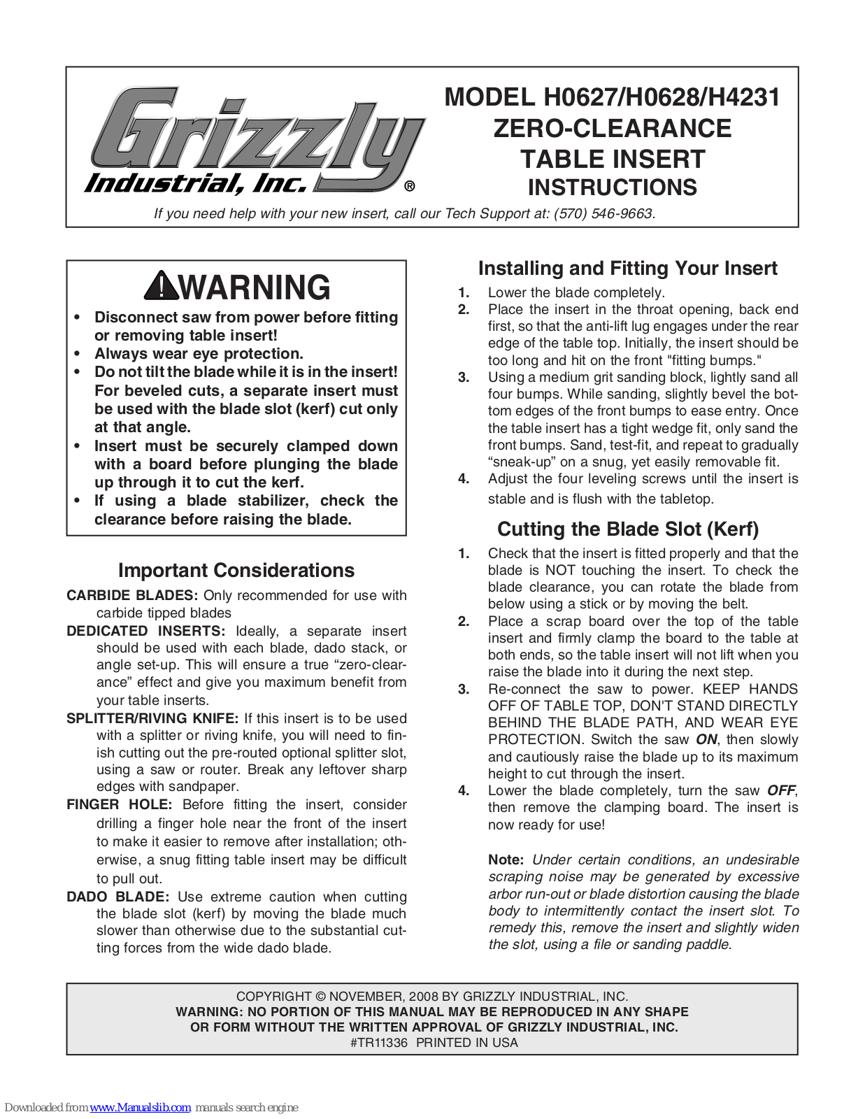 Grizzly h0628, h4231 Instructions Manual