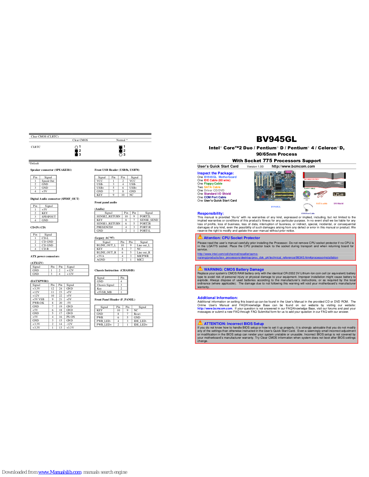 BCM BV945GL User's Quick Start Manual - ManualMachine.com