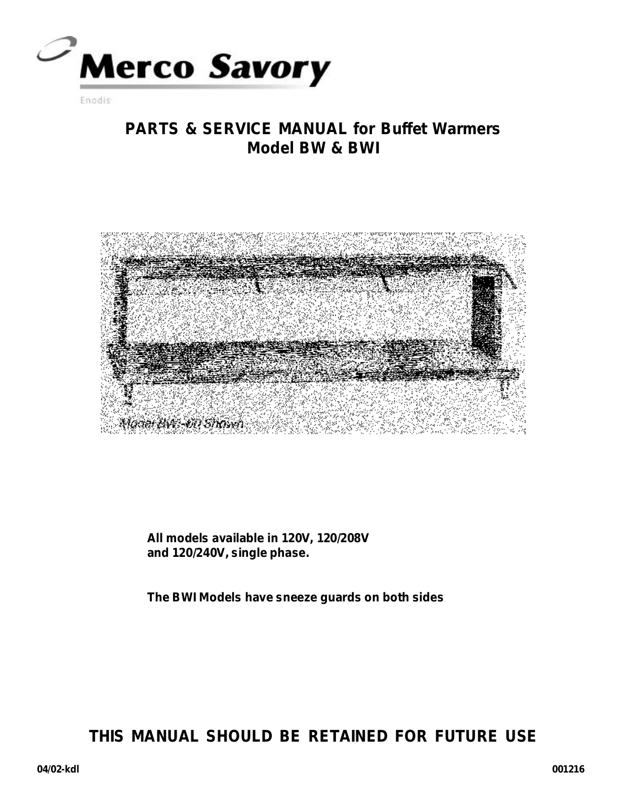 Merco / Savory BW, BWI Service Manual