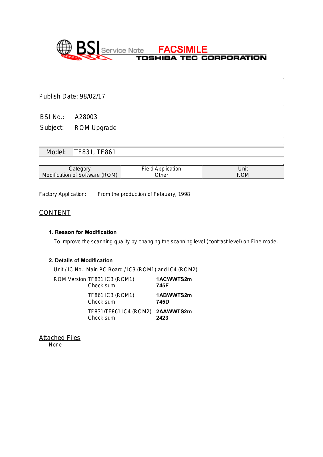 Toshiba A28003 Service Note