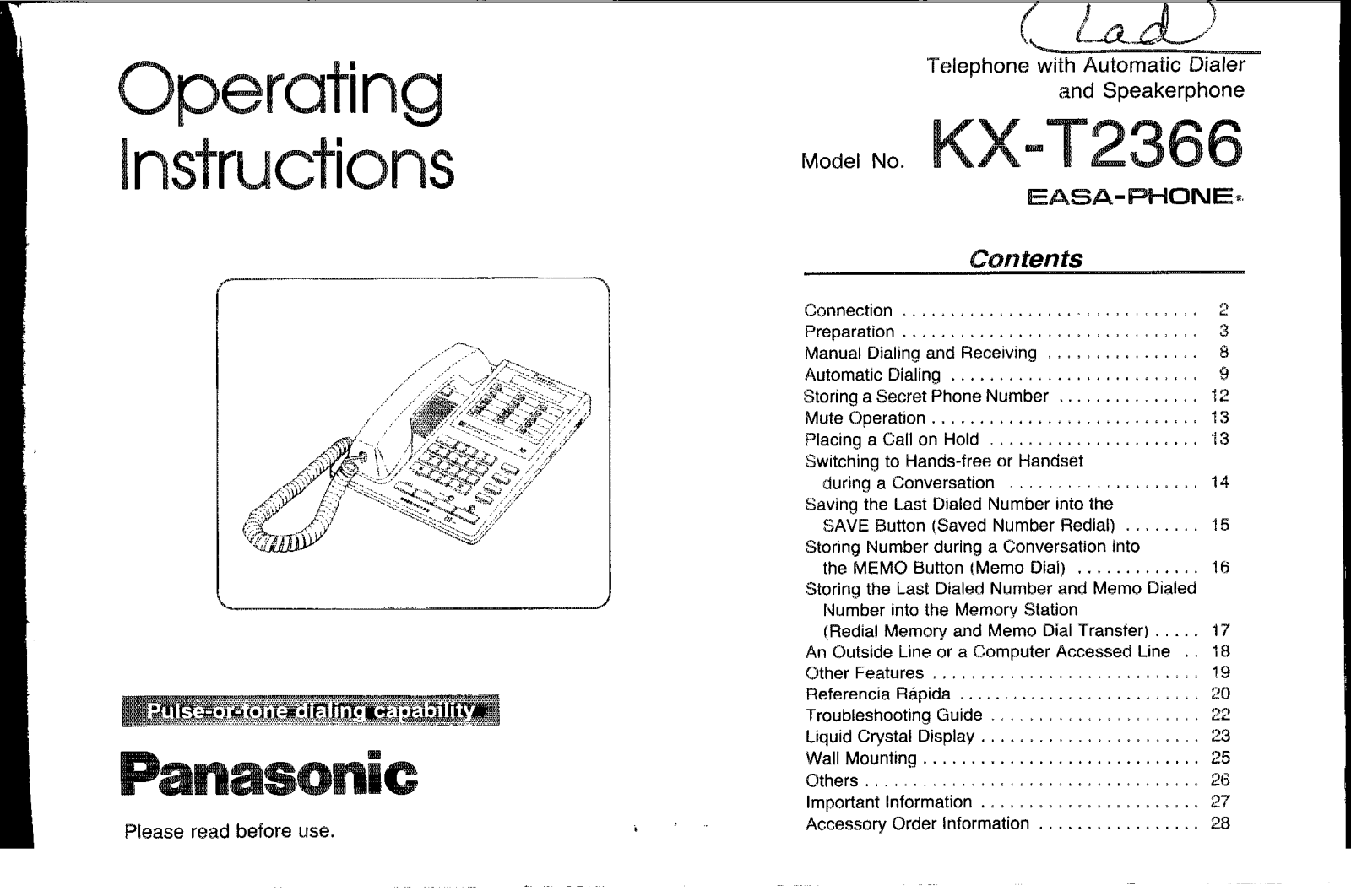 Panasonic kx-t2366 Operation Manual