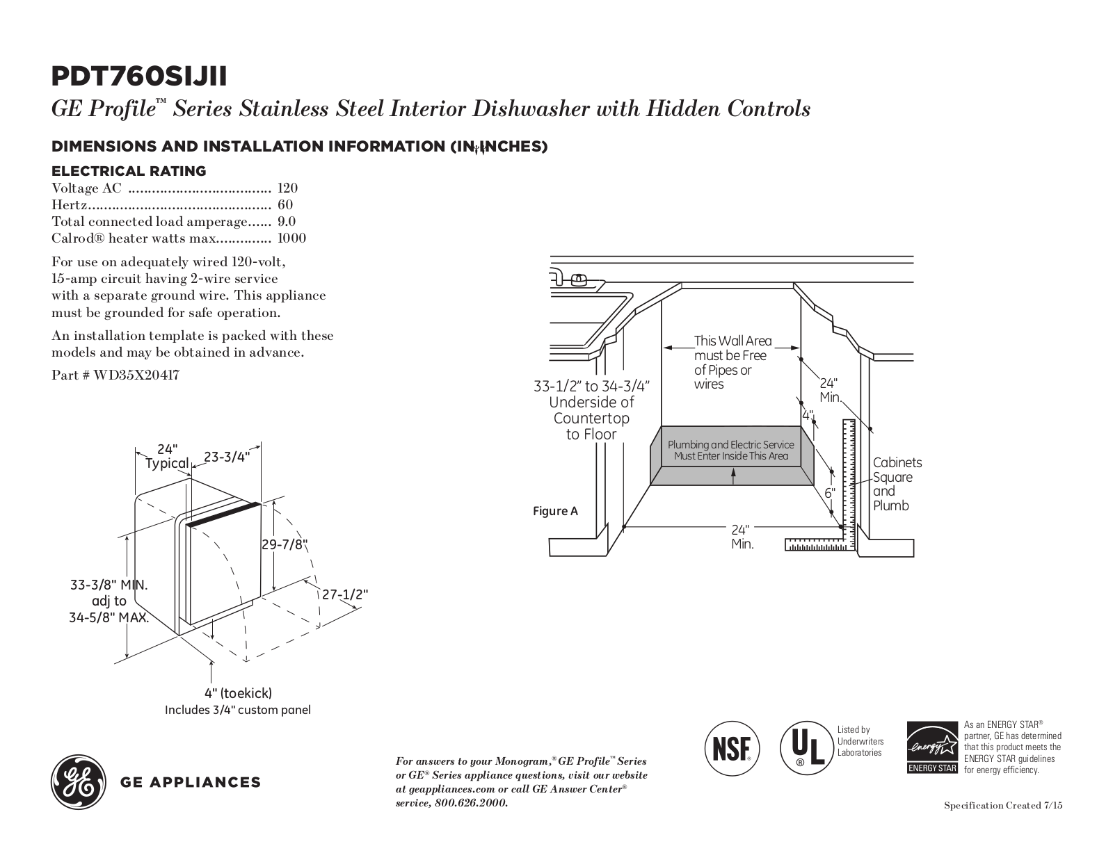 GE PDT760SIJII Specification Sheet