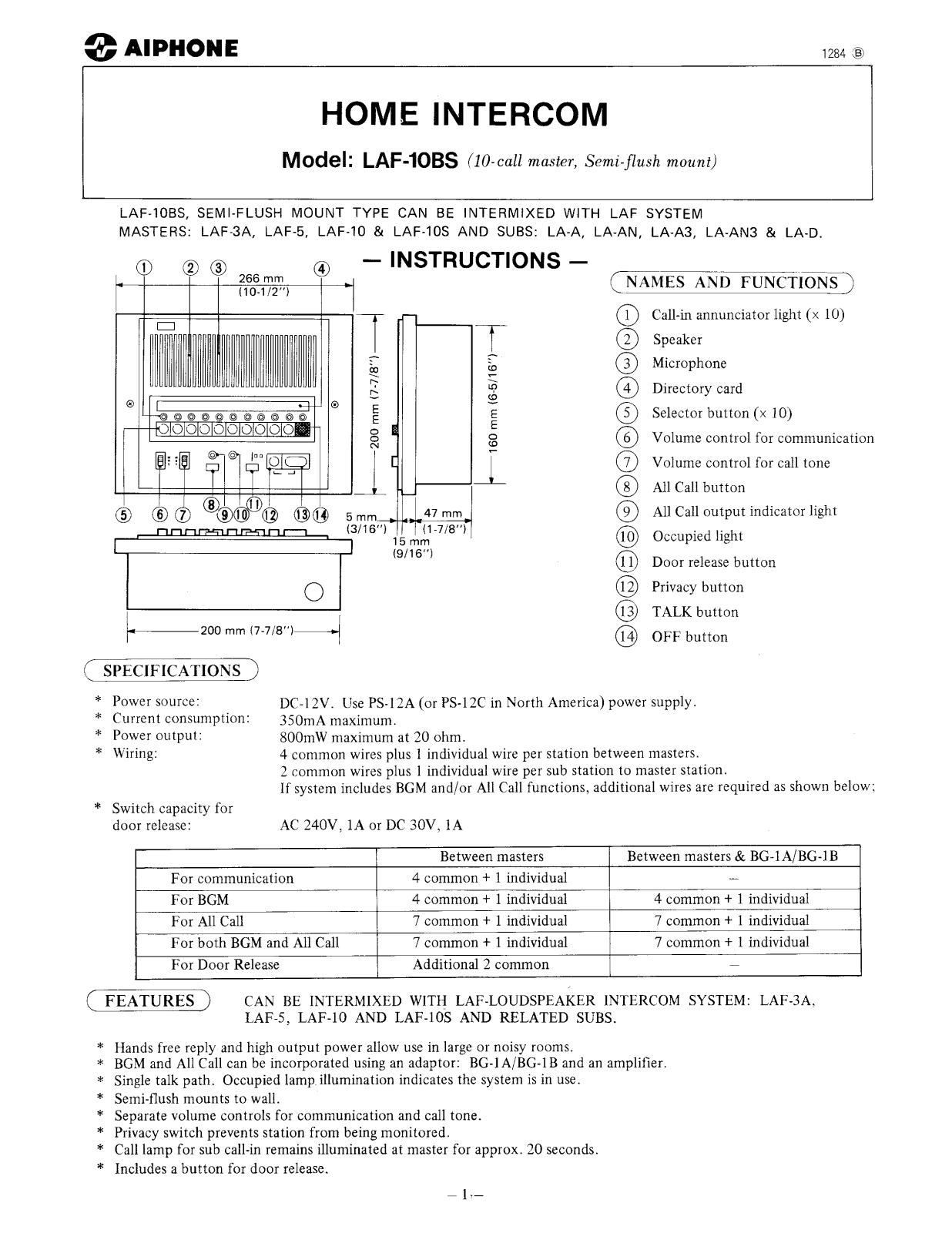 Aiphone LAF-10BS User Manual