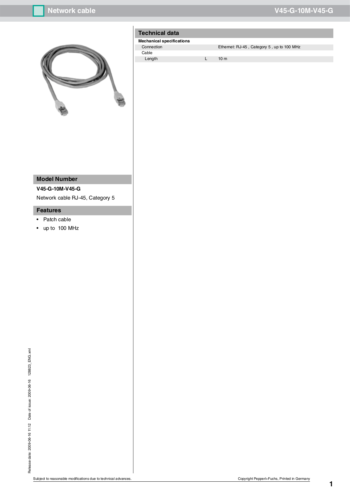 Pepperl Fuchs V45-G-10M-V45-G Data Sheet