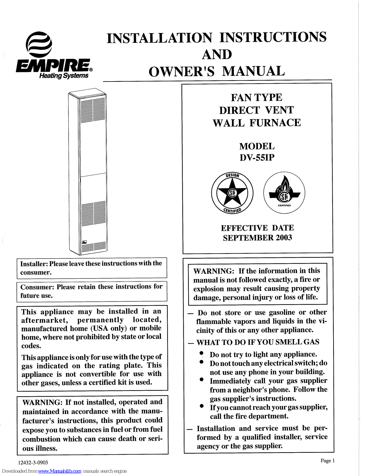 Empire Heating Systems DV-55IP Installation Instructions And Owner's Manual