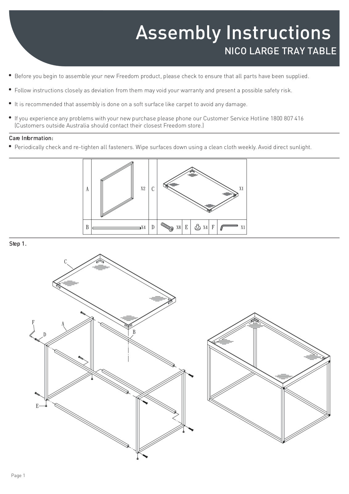 Freedom Nico Large Tray Table Assembly Instruction