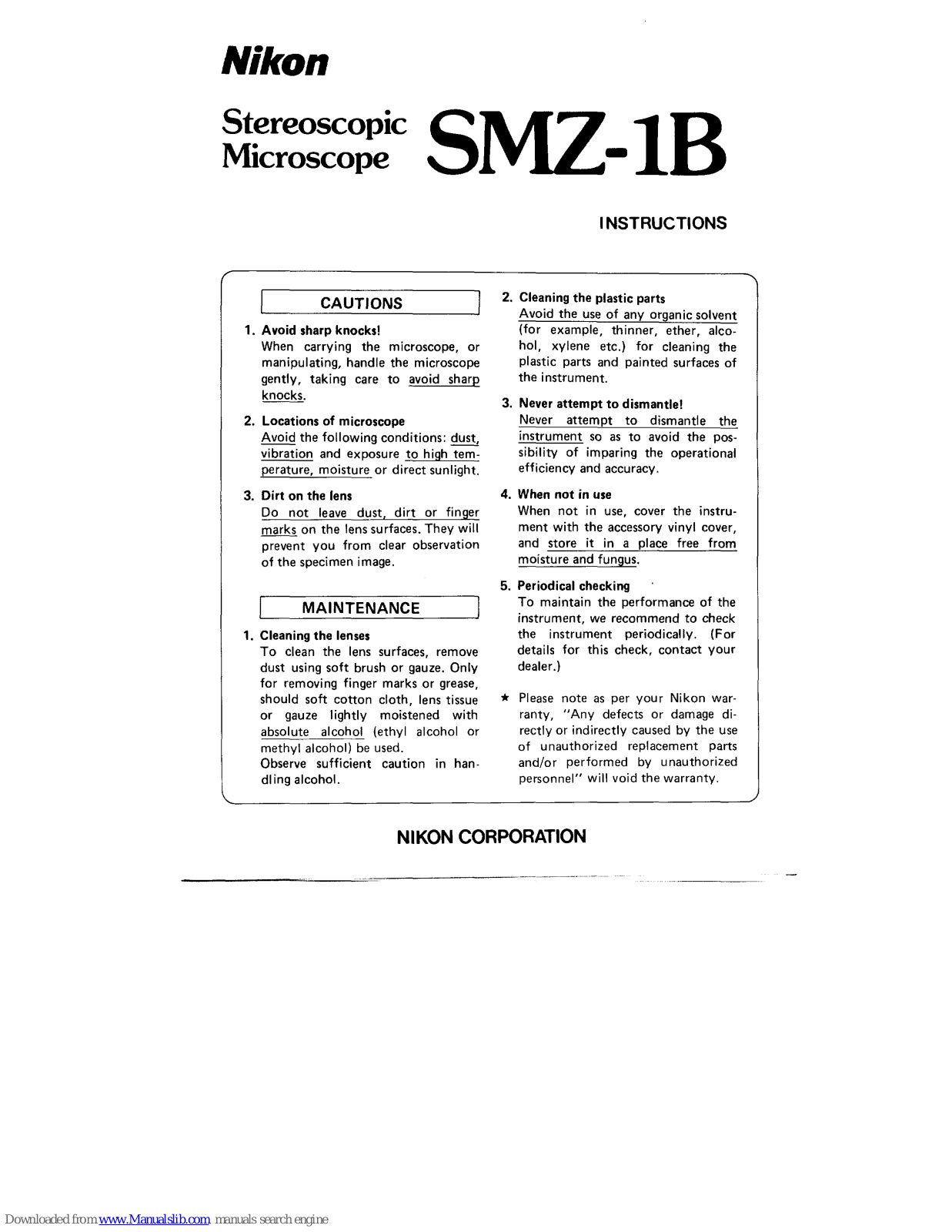 Nikon SMZ-1B Instructions Manual