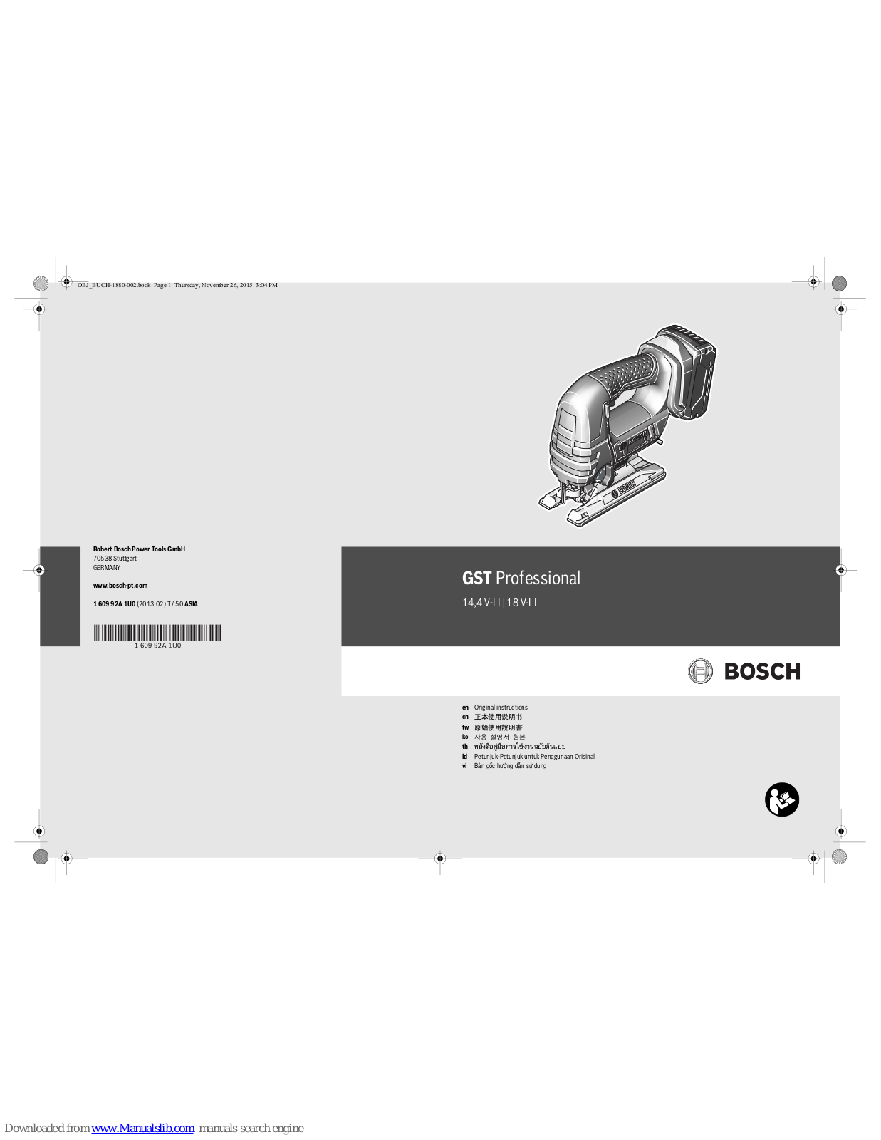 Bosch GST Professional 14.4 V-LI, GST Professional 18 V-LI Original Instructions Manual