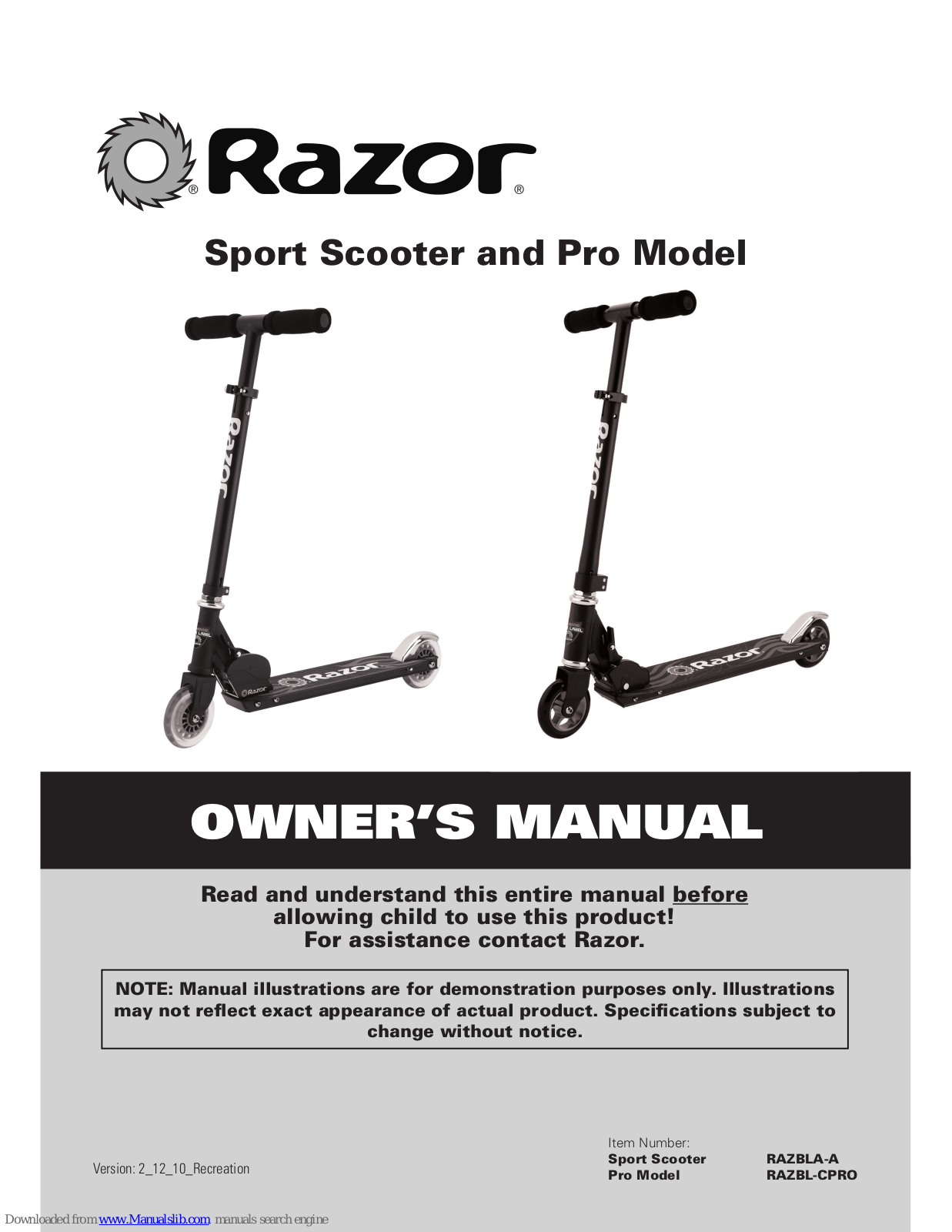 Razor Sport Model, Pro Model Owner's Manual