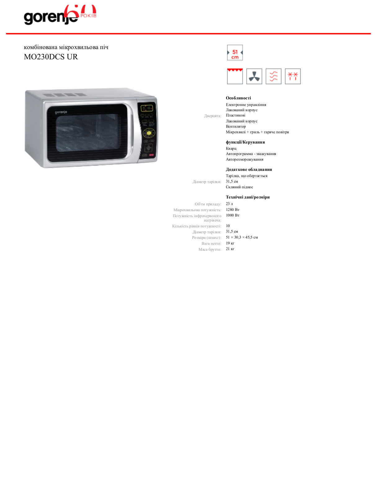 Gorenje MO230DCS UR DATASHEET