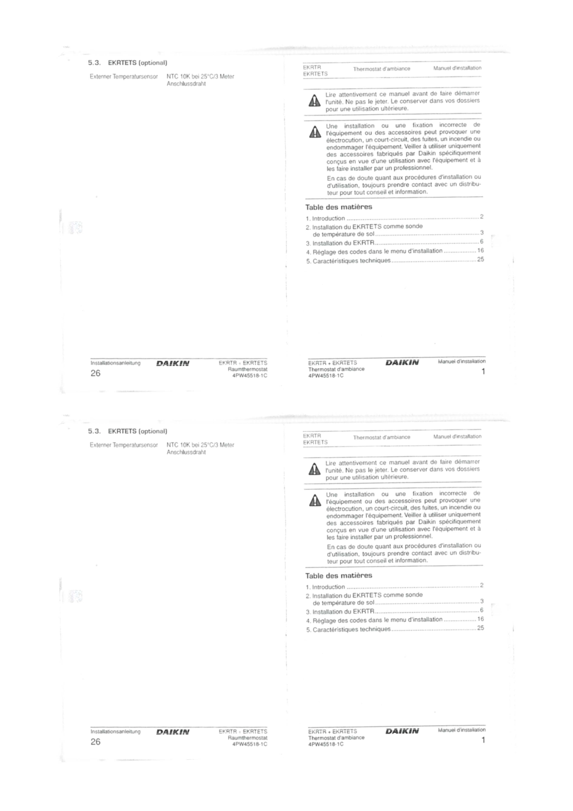 DAIKIN EKRTR 4PW45518-1C User Manual