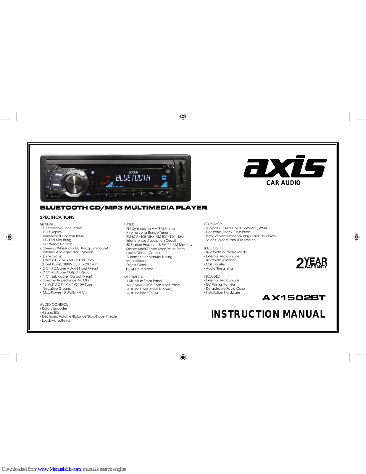 Axis Car Audio AX1502BT Instruction Manual