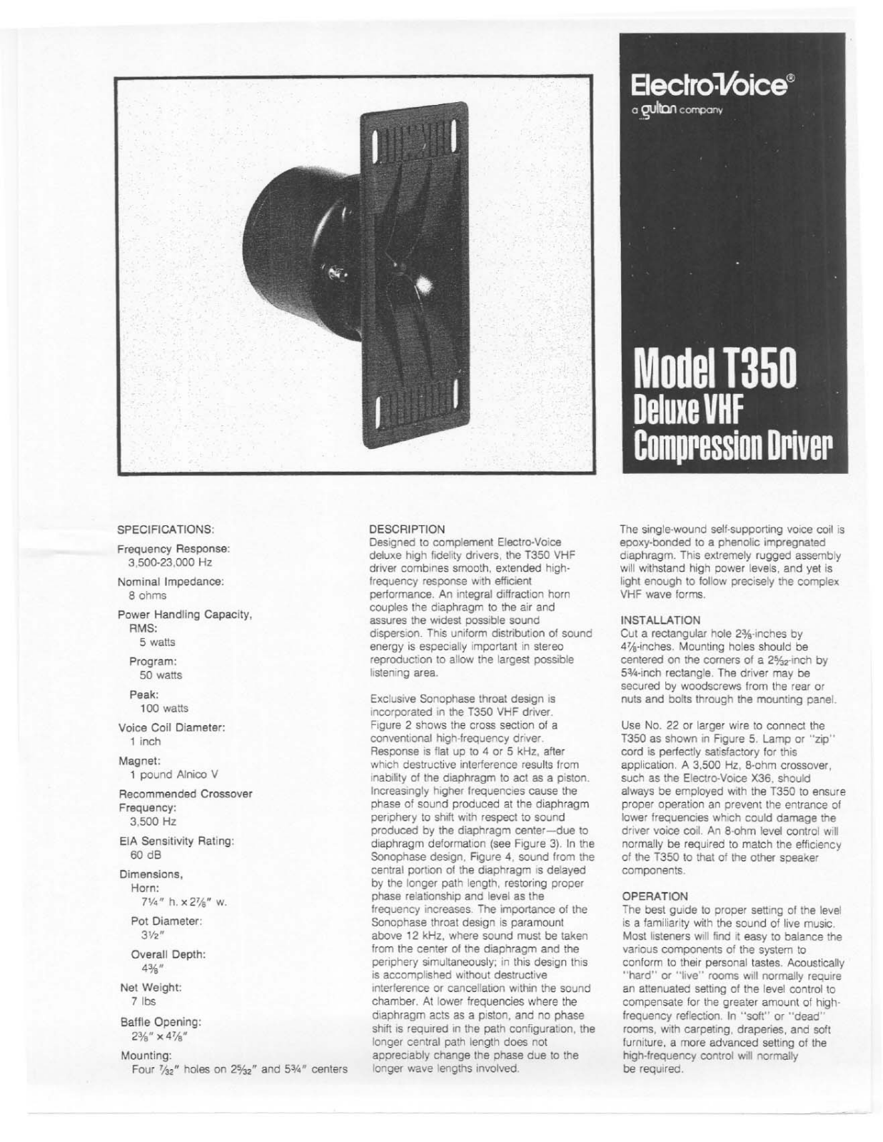 Electro-voice T350 DATASHEET