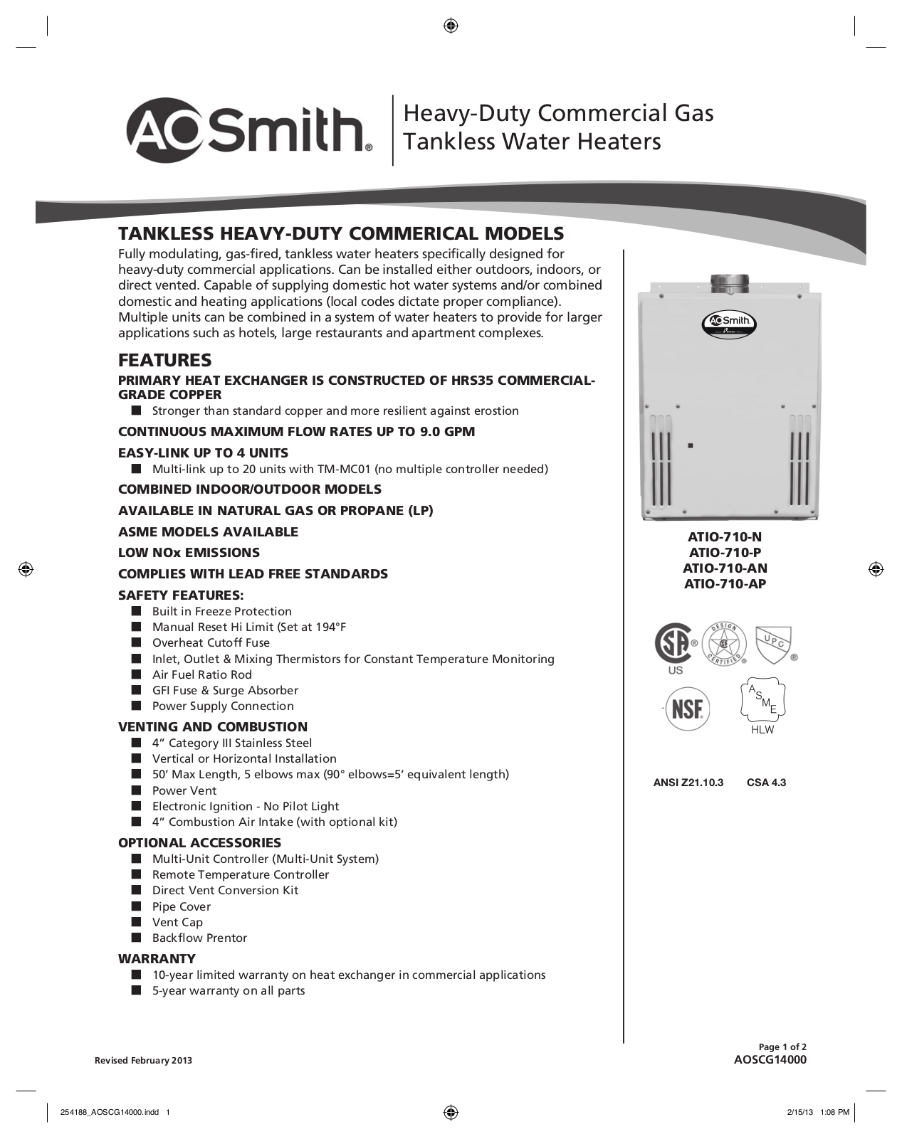 A.O. Smith ATIO-710-AP User Manual