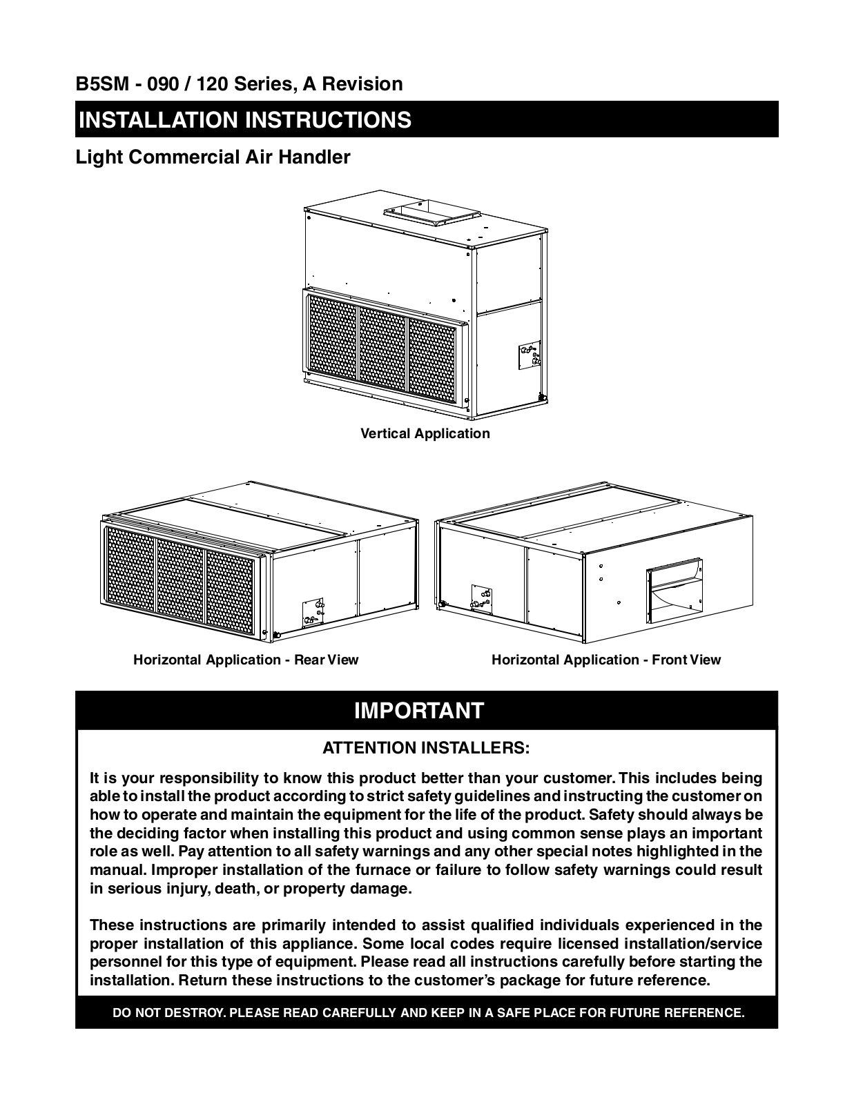 Reznor B5SM-090JA Installation  Manual