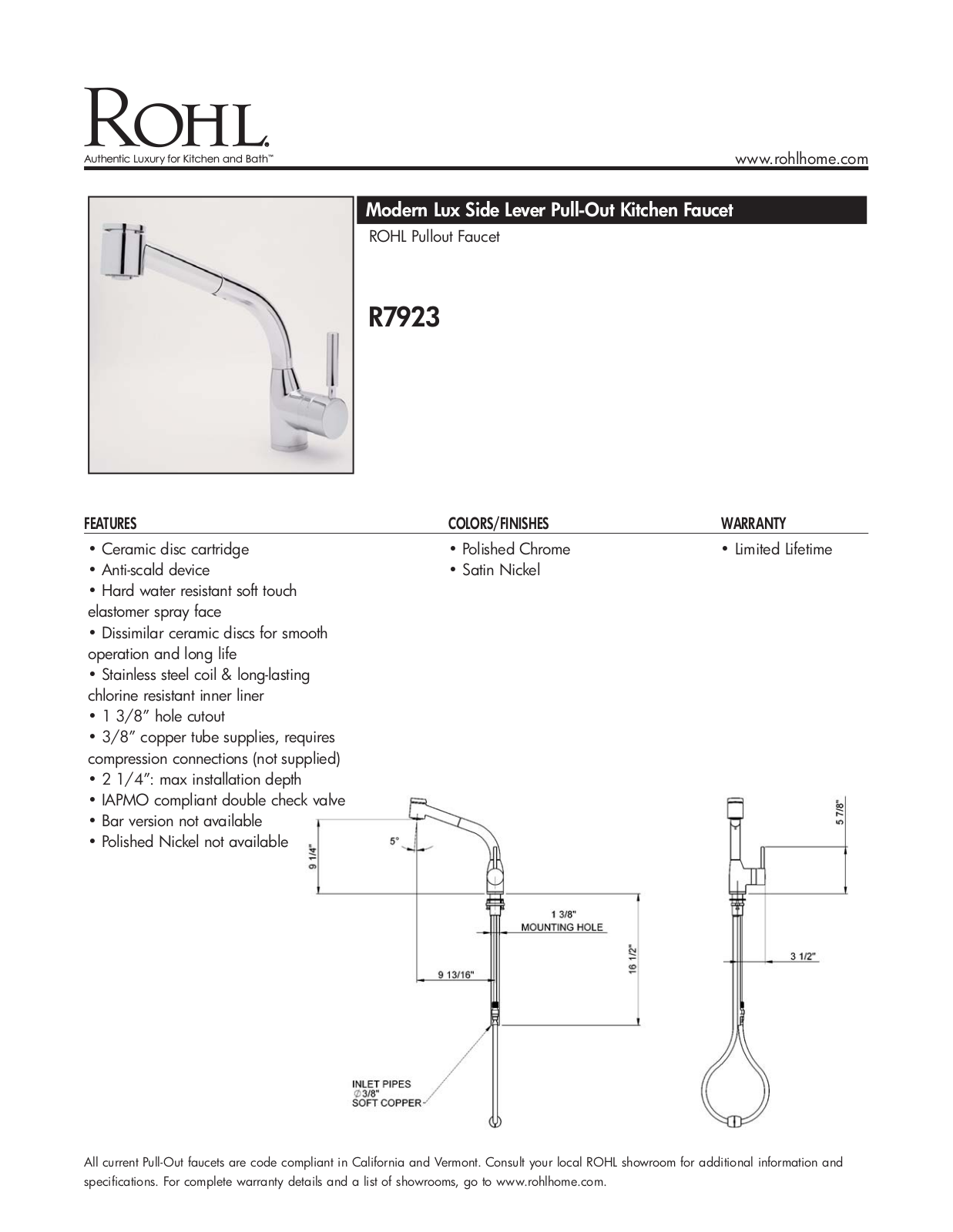 Rohl R7923APC Specs - ManualMachine.com