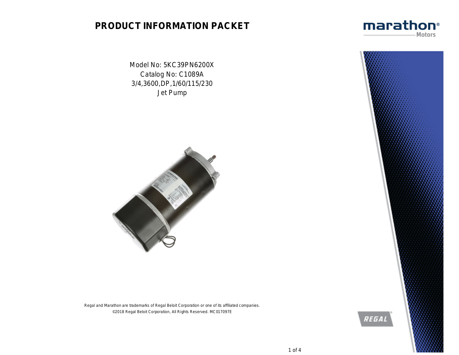 Marathon Electric 5KC39PN6200X Product Information Packet