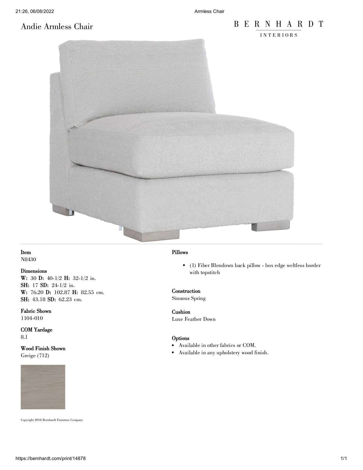 Bernhardt BHT13769 Specifications - ManualMachine.com