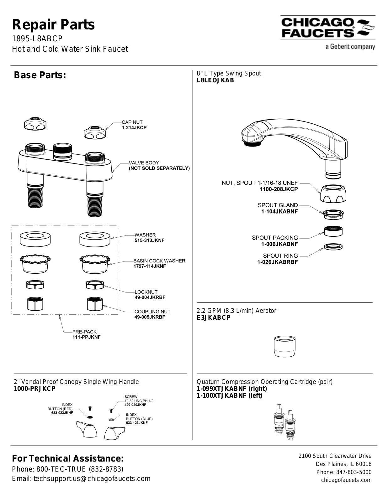 Chicago Faucet 1895-L8ABCP Parts List