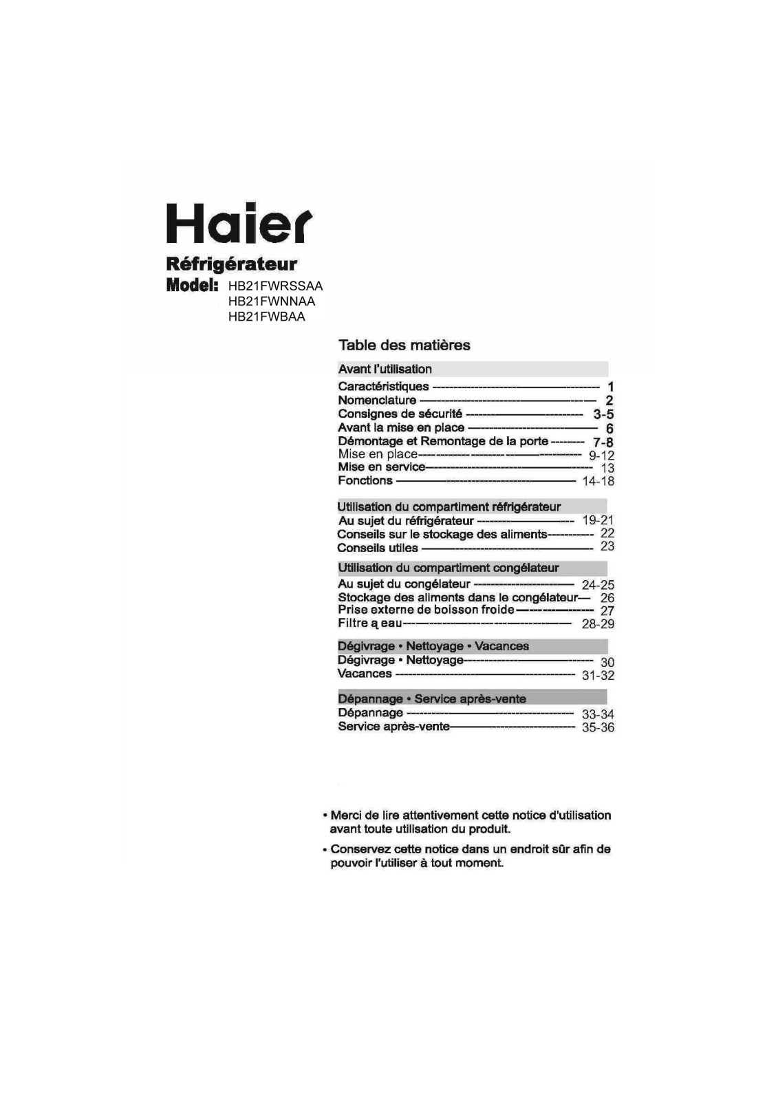 HAIER HB21FWRSSAA User Manual