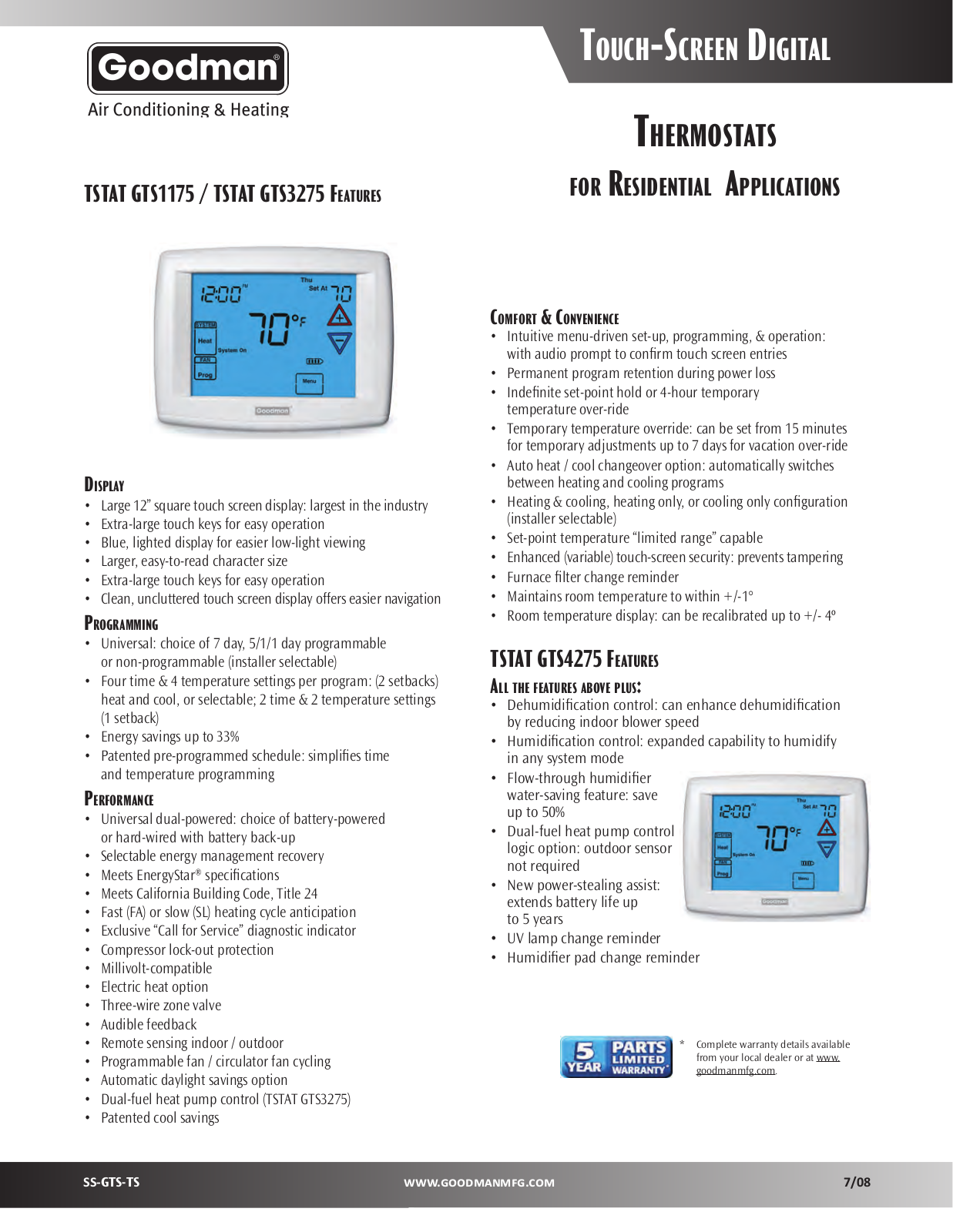 Goodman Mfg GTS3275, GTS1175 User Manual