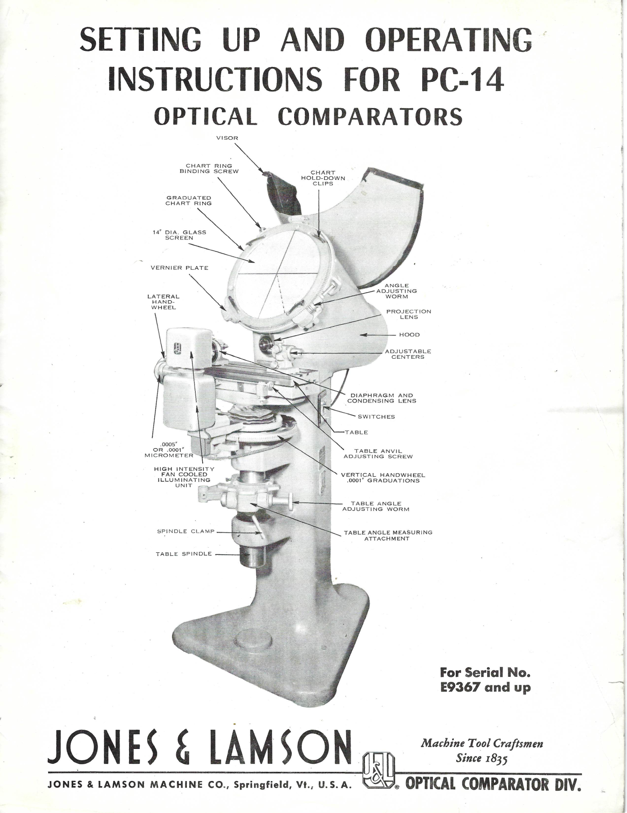 Jones & Lamson Machine Setting Up and Operating Instructions for PC-14 Optical Comparators Other - ManualMachine.com