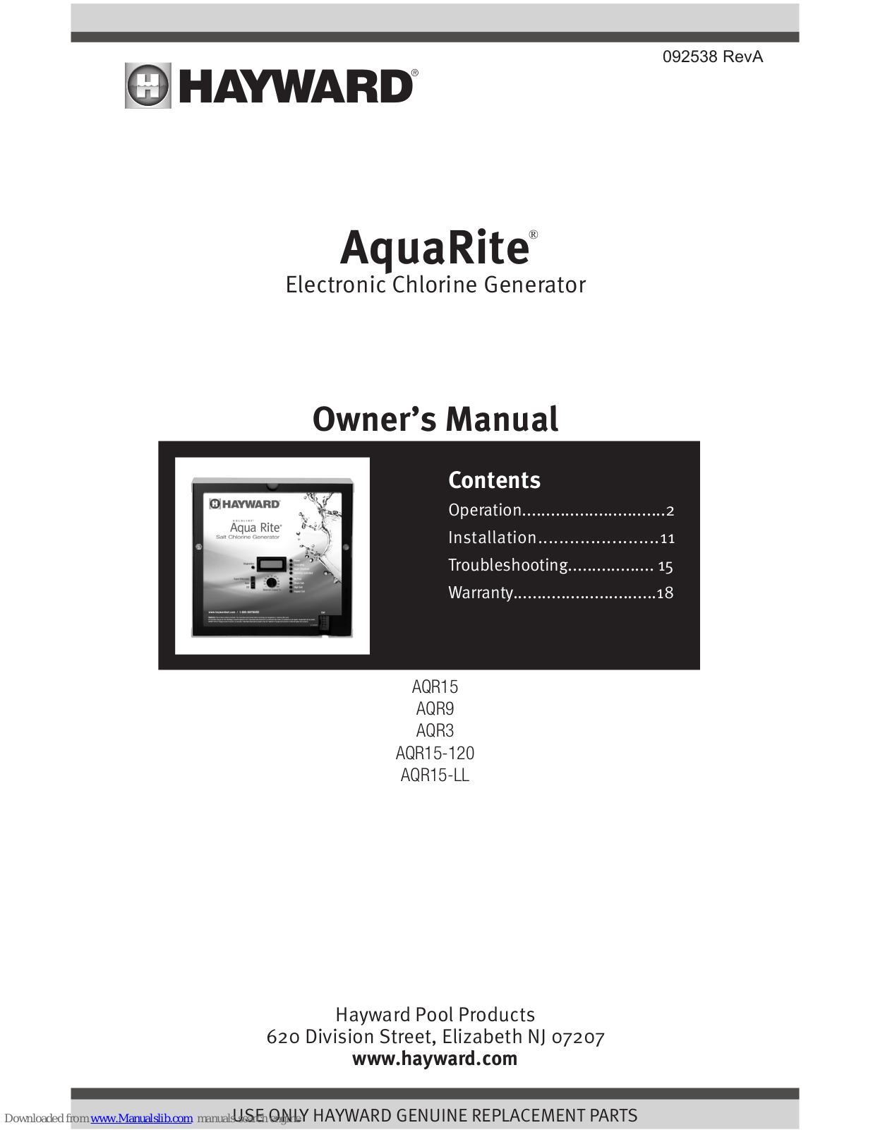 Hayward AquaRite AQR15, AquaRite AQR9, AquaRite AQR3, AquaRite AQR15-120, AquaRite AQR15-LL Owner's Manual