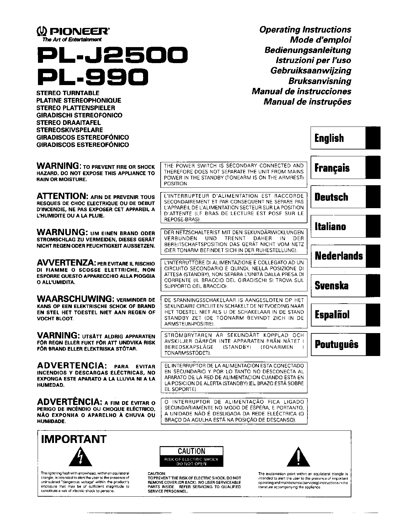 Pioneer PL-J2500 User Manual