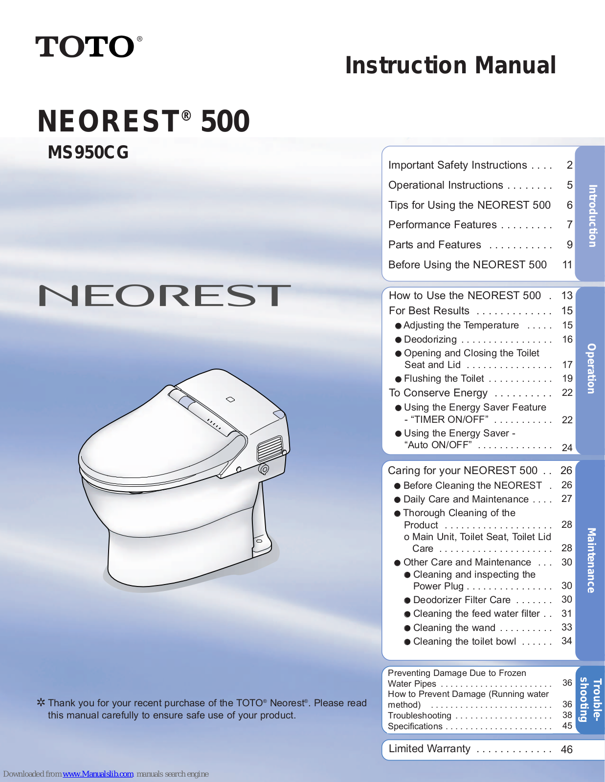 Toto NEOREST 500, MS950CG Instruction Manual