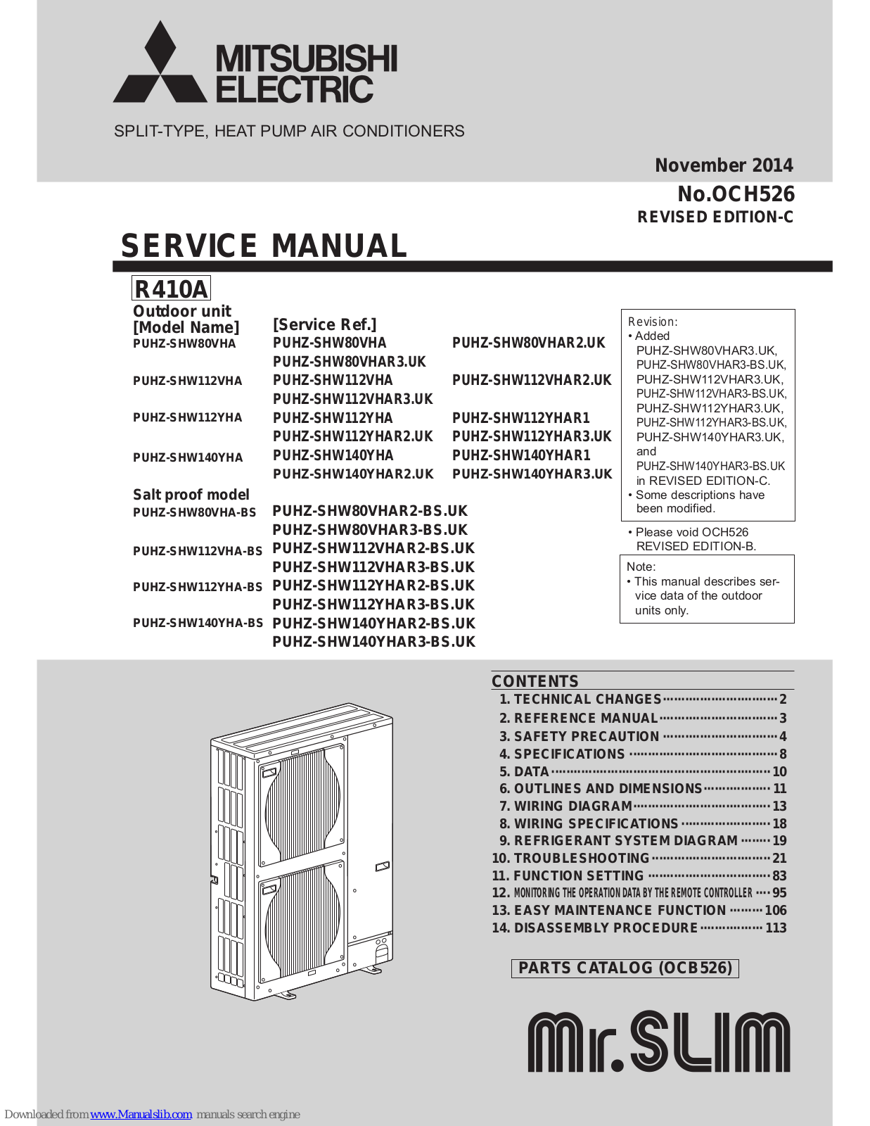 Mitsubishi Electric PUHZ-SHW80VHA, PUHZ-SHW112VHA, PUHZ-SHW 112YHA, PUHZ-SHW140YHA, PUHZ-SHW80VHA-BS Service Manual