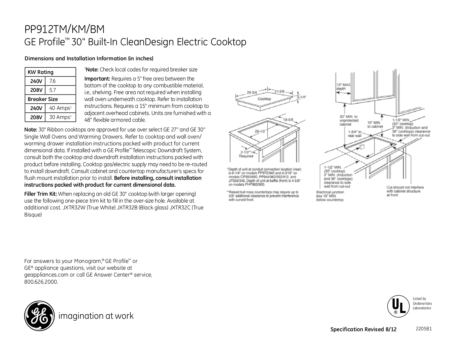 GE PP912KMCC, PP912TMWW, PP912BMBB Specification Sheet