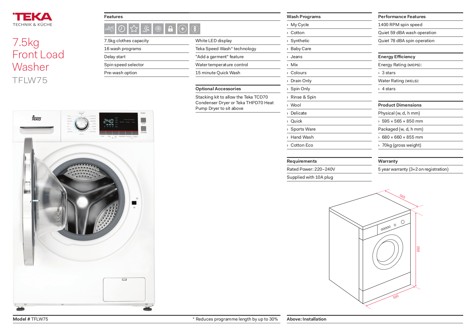 Teka TFLW75 Specifications Sheet